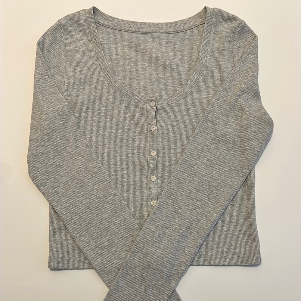 Aerie Gray Long Sleeve Fitted Button Down Crop Top Womens Size S